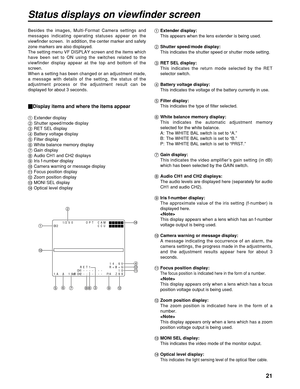 Page 2121
Status displays on viewfinder screen
Besides the images, Multi-Format Camera settings and
messages indicating operating statuses appear on the
viewfinder screen.  In addition, the center marker and safety
zone markers are also displayed.
The setting menu VF DISPLAY screen and the items which
have been set to ON using the switches related to the
viewfinder display appear at the top and bottom of the
screen.
When a setting has been changed or an adjustment made,
a message with details of the setting,...