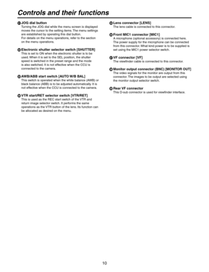 Page 10
10

 Lens connector [LENS]
The lens cable is connected to this connector.
 Front MIC1 connector [MIC1]
A microphone (optional accessory) is connected here.
The power supply for the microphone can be connected 
from this connector. What kind power is to be supplied is 
set using the MIC1 power selector switch.
 VF connector [VF]
The viewfinder cable is connected to this connector.
 Monitor output connector (BNC) [MONITOR OUT]
The video signals for the monitor are output from this 
connector. The...