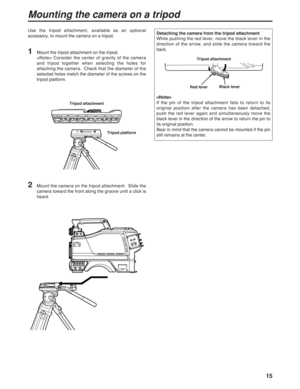 Page 1515
Mounting the camera on a tripod
1Mount the tripod attachment on the tripod.
 Consider the center of gravity of the camera
and tripod together when selecting the holes for
attaching the camera.  Check that the diameter of the
selected holes match the diameter of the screws on the
tripod platform.
2Mount the camera on the tripod attachment.  Slide the
camera toward the front along the groove until a click is
heard. Use the tripod attachment, available as an optional
accessory, to mount the camera on a...