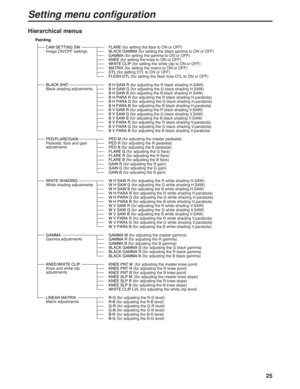 Page 2525
Setting menu configuration
Painting
CAM SETTING SW
Image ON/OFF settings
Black shading adjustments
Pedestal, flare and gain
adjustments
White shading adjustments
Gamma adjustments
Matrix adjustments Knee and white clip
adjustments BLACK SHD
PED/FLARE/GAIN
GAMMA
   FLARE (for setting the flare to ON or OFF)
   BLACK GAMMA (for setting the black gamma to ON or OFF)
   GAMMA (for setting the gamma to ON or OFF)   KNEE (for setting the knee to ON or OFF)   WHITE CLIP (for setting the white clip to ON or...