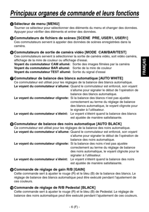 Page 33
- 6 (F) -
FRAN
ÇAIS

Principaux organes de commande et leurs fonctions
 Sélecteur de menu [MENU]
Tourner ce sélecteur pour sélectionner des éléments du menu et changer des données.
Appuyer pour vérifier des éléments et entrer des données.
 Commutateurs de fichiers de scènes [SCENE  PRE, USER1, USER1]
Ces commutateurs servent à appeler des données de scènes enregistrées dans la 
caméra.
 Commutateurs de sortie de caméra vidéo [MODE  CAM/BAR/TEST]
Ces commutateurs servent à sélectionner la sortie de...