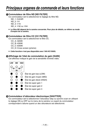 Page 34
- 7 (F) -

 Commutateur de filtre ND [ND FILTER]
Ce commutateur sert à sélectionner le réglage du filtre ND.ND_1: CLEAR
ND_2: 1/4
ND_3: 1/16
ND_4: 1/32 ou 1/64
  Le filtre ND dépend de la caméra concernée. Pour plus de détails, se référer au mode d’emploi de la caméra.
 Commutateur de filtre CC [CC FILTER]
Ce commutateur sert à sélectionner le filtre CC.CC_A: 3200K
CC_B: 4300K
CC_C: 6300K
CC_D: Cross screen (prisme)
 Cette fonction n’est pas disponible avec l’AK-HC1500G.
 Affichage de l’état de...