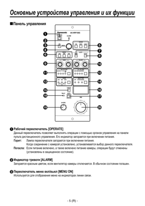 Page 68
- 5 (R) -

Основные устройства управления и их функции
Панель управления
 Рабочий переключатель [OPERATE]
Данный переключатель позволяет выполнять операции с помощью органов управления на панели 
пульта дистанционного управления. Его индикатор загорается при включении питания.
Горит:  Лампа переключателя загорается при включении питания.
 
Когда соединение с камерой установлено, устанавливается выбор данного переключателя.
Погасла:    Если питание включено, а также включено питание камеры, операции...