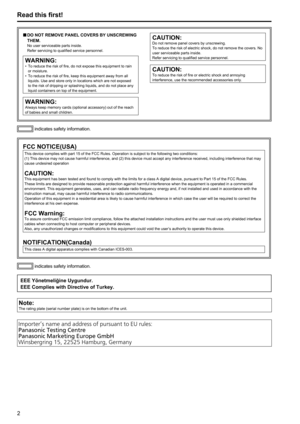 Page 223
Read this first!
indicates safety information.
„
„ DO NOT REMOVE PANEL COVERS BY UNSCREWING 
THEM.
No user serviceable parts inside.
Refer servicing to qualified service personnel.
WARNING:• To reduce the risk of fire, do not expose this equipment to rain 
or moisture.
•  To reduce the risk of fire, keep this equipment away from all 
liquids. Use and store only in locations which are not exposed 
to the risk of dripping or splashing liquids, and do not place any 
liquid containers on top of...