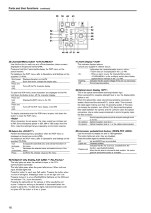 Page 1616
Parts and their functions (continued)
17
IRIS/M.PED LOCKIRISM.PEDCHARA
MENU
SELECT
TALLY/CALLALM OPT
SENSE PUSH
PREVIEW
EXT
D.EXT COARSE
AUTO
FULLOPEN
CLOSE
CLOSE
403843
41
42
5039
44
51
47
49
48
55 52
53
54
46
45
38.
 Character/Menu button Use this function to switch on and off the characters (status screen) 
displayed on the picture monitor (PM).
Press and hold (for 2 seconds) to display the ROP menu on the 
picture monitor.
For details on the ROP menu, refer to Operations and Settings on the...