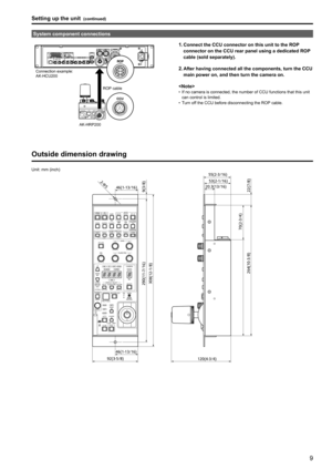 Page 989
Setting up the unit (continued)
System component connections
12VINLAN RS-422PREVIEWCCU
SIGNAL GND
ROP cable
AK-HRP200
Connection example: 
AK-HCU200
1.
 Connect the CCU connector on this unit to the ROP 
connector on the CCU rear panel using a dedicated ROP 
cable (sold separately).
2. After having connected all the components, turn the CCU 
main power on, and then turn the camera on.

•  If no camera is connected, the number of CCU functions that this unit 
can control is limited.
•  Turn off the CCU...