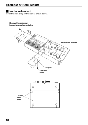 Page 1818 _How to rack-mount
Install the main body on the rack as shown below.
Remove the rack mount
bracket screw when installing
Rack mount bracket 
Attached 
screwCoupler
Coupler
fitting
holes
Example of Rack Mount 