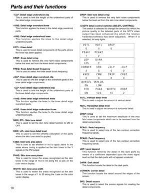 Page 1010
VDTLHDTLCRSP
000
PEAK1PEAK2
12
LDPDARK
10%2
CORNERSRC+CLP–CLP
3G00
KNEECRMCRSPCRED
0000
SKIN DTLSKIN_LVL
ONLOW
ZEBPHASWIDTHCRSP
ON123152
–CLP: Detail edge undershoot clip
This is used to limit the length of the undershoot parts of
the detail edge components.
+KNE: Detail edge overshoot knee
This function applies the knee to the detail edge overshoot
parts.
–KNE: Detail edge undershoot knee
This function applies the knee to the detail edge
undershoot parts.
KDTL: Knee detail
This is used to boost...