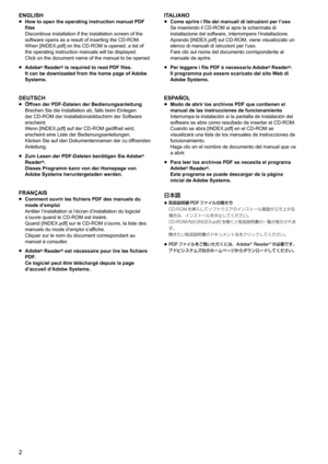 Page 223
ENGLISH
p
p How to open the operating instruction manual PDF 
files
Discontinue installation if the installation screen of the 
software opens as a result of inserting the CD-ROM.
When [INDEX.pdf] on the CD-ROM is opened, a list of 
the operating instruction manuals will be displayed.
Click on the document name of the manual to be opened.
p
p Adobe
® Reader® is required to read PDF files.
It can be downloaded from the home page of Adobe 
Systems.
DEUTSCH
p
p Öffnen der PDF-Dateien der...