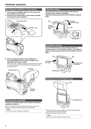 Page 889
Viewfinder operations
Mounting the viewfinder on the camera
1. Confirm that the POWER switches on the camera and 
the viewfinder are turned off.
2. Press the lock release button on the camera and slide 
the connector cover to detach it.
Connector cover
Lock release button
3. Fit the V-shaped projection on the viewfinder in 
the V-shaped groove in the camera and slide in the 
viewfinder until it locks in place.
After mounting the viewfinder, make sure it has been firmly mounted 
on the camera and that...