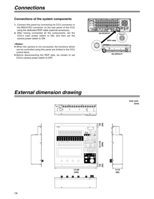 Page 1414
External dimension drawing
Connections
AUX
LINKCSU
15 14 13 12 11 10 9 8 7 6 5 4 3 2 1
POWER
DC  IN
G N D
Master Setup Unit
Unit: inch
(mm)
7/8
(22) 7/8
(22)
13-3/8
(340)3-1/4
(82)
12-1/16
(306)
Connections of the system components
1.Connect this panel by connecting its CCU connector to
the MSU/CSU connector on the rear panel of the CCU
using the dedicated ROP cable (optional accessory).
2.After having connected all the components, set the
CCU’s main power switch to ON, and then set the
camera power...