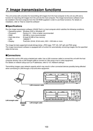 Page 103103
7. Image transmission functions
This unit comes with a function for transmitting still images from the host computer to the unit via LAN and a\
 
function for importing still images from the unit into the host computer. The image transmission software must 
be installed in the host computer from the CD-ROM supplied in order to use these functions. For details on 
installation, refer to “How to install the software”.
Specifications
Run the image transmission software (HS400 Tool) in a host computer...