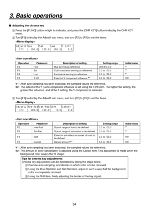 Page 3434
3. Basic operations
   Adjusting the chroma key
1 
  Press the [FUNC] button to light its indicator, and press the [CHR KEY] button to display the CHR KEY 
menu.
2 
  Turn [F1] to display the Adjust1 sub menu, and turn [F2] to [F5] to set the items.
  
 
Adjust1 Hue Sat Lum Y-Infl
  2/3   100.0   100.0   100.0     0.0
  
Operation Parameter Description of settingSetting range Initial value
F2 Hue Hue serving as reference 359.9 to 0.0
1
F3Sat Color saturation serving as reference 0.0 to 100.01
F4Lum...