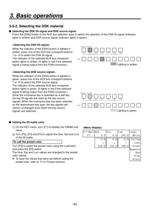 Page 4444
3. Basic operations
3-5-2. Selecting the DSK material
   Selecting the DSK fill signal and DSK source signal
Press the [DSK] button in the AUX bus selection area to switch the selection of the DSK fill signal (indicator 
lights in amber) and DSK source signal (indicator lights in green).

While the indicator of the [DSK] button is lighted in 
amber, press one of the AUX bus crosspoint buttons 
1 to 10 to select the DSK fill signal.
The indicator of the selected AUX bus crosspoint 
button lights in...