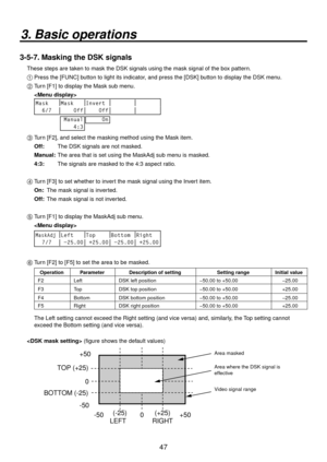 Page 4747
3. Basic operations
3-5-7. Masking the DSK signals
These steps are taken to mask the DSK signals using the mask signal of the box pattern.
1 
 Press the [FUNC] button to light its indicator, and press the [DSK] button to display the DSK menu.
2 
  Turn [F1] to display the Mask sub menu.
  
 
Mask Mask Invert
  6/7     Off     Off  Manual
    4:3
     On
3  Turn [F2], and select the masking method using the Mask item.
  Off: 
  The DSK signals are not masked.
  Manual: 
  The area that is set using the...