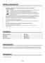 Page 4
3 (E)

Contents
Safety precautions  ....................................... 1
Introduction   ................................................... 3
Accessory   ..................................................... 3
Name of each part   ........................................ 4
Mounting   ....................................................... 4
Connections   .................................................. 7
Appearance   ................................................... 8
Specifications...