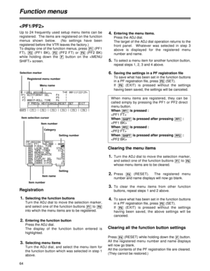 Page 6464
Function menus

F1SHIFTF2F3F4F5F6
Menu name Selection marker
Registered menu number
Item selection cursor
Item numberItem number
Category
Setting number
Item name
Press  (RESET) while holding down the  button.
All the registered menu number and name displays
will now go blank.
All the contents of the PF registration file are cleared.
(They cannot be restored.)FF4
RegistrationClearing the menu items
Clearing all the function button settings 1.
Selecting the function buttons
Turn the ADJ dial to move...