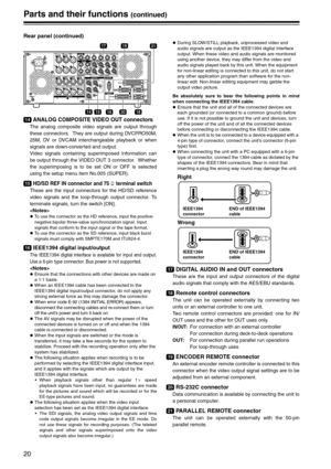 Page 2020
Parts and their functions (continued)
Rear panel (continued)
ANALOG COMPOSITE VIDEO OUT connectors
The analog composite video signals are output through
these connectors.  They are output during DVCPRO50M,
25M, DV or DVCAM interchangeable playback or when
signals are down-converted and output.
Video signals containing superimposed information can
be output through the VIDEO OUT 3 connector.  Whether
the superimposing is to be set ON or OFF is selected
using the setup menu item No.005 (SUPER).
HD/SD...