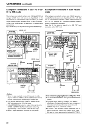 Page 2222
Connections (continued)
Example of connections in 23/24 Hz or 25/
50 Hz (HD) mode
When a tape recorded with a frame rate of 24 fps (25/50 fps)
using a variable frame rate camera is played back on the
unit, data can be converted and output in 1080/24 psf (1080/
25 psf or 1080/50i) and recorded on the AJ-HD3700 series.
Shown in the figure below is an example of the deck-to-deck
connections.
Input the 48 Hz (or 50 Hz) reference signal as the REF input.

zWhen the tape begins to travel at 1k speed, the...