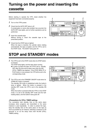 Page 2525
Turning on the power and inserting the 
cassette
Before starting to operate the VTR, check whether the
equipment has been connected properly.
1Turn on the VTR’s power.
2Check that the AUTO OFF lamp is off.
If condensation or some other problem has occurred, the
AUTO OFF lamp lights, and no further operations can be
performed.
3Insert the cassette tape.
Without forcing it, insert the cassette tape at the
prescribed position.
4Check that the STOP lamp is lighted.
When the tape is inserted, the cylinder...