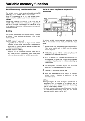 Page 3636
Variable memory function
Variable memory function selection
The variable memory mode can be selected by setting 
(VARMEM) on the  menu to “ON.”
When   (VARMEM) is set to “OFF,” the variable memory
mode is canceled, and the regular mode is established.

Bear in mind that when the 23/24 Hz, 25 Hz (HD or SD), 50
Hz (HD or SD) mode has been selected as the system menu
item No.25 (SYSTEM FREQ) setting,   (VARMEM) will no
longer appear on the display and the variable memory mode
cannot be selected.
Outline...