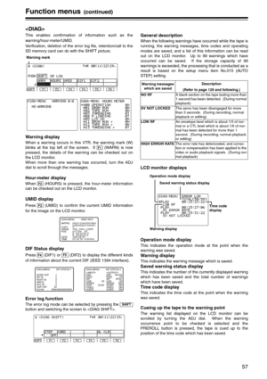 Page 5757
Function menus(continued)

This enables confirmation of information such as the
warning/hour-meter/UMID.
Verification, deletion of the error log file, retention/call to the
SD memory card can do with the SHIFT picture.
Warning display
When a warning occurs in this VTR, the warning mark (W)
blinks at the top left of the screen.  If   (WARN) is now
pressed, the details of the warning can be checked out on
the LCD monitor.
When more than one warning has occurred, turn the ADJ
dial to scroll through the...