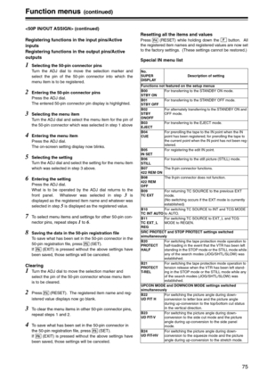 Page 7575
Function menus(continued)
 (continued)
Registering functions in the input pins/Active 
inputs
Registering functions in the output pins/Active 
outputs
1Selecting the 50-pin connector pins
Turn the ADJ dial to move the selection marker and
select the pin of the 50-pin connector into which the
menu item is to be registered.
2Entering the 50-pin connector pins
Press the ADJ dial.
The entered 50-pin connector pin display is highlighted.
3Selecting the menu item
Turn the ADJ dial and select the menu item...