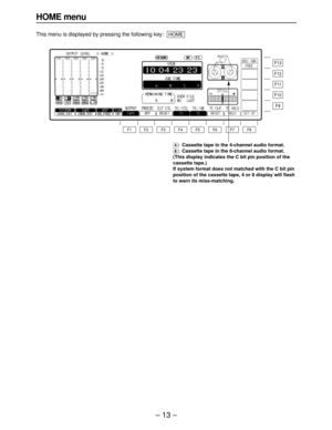 Page 13– 13–
HOME menu
This menu is displayed by pressing the following key:HOME
[4]: Cassette tape in the 4-channel audio format.
[8]: Cassette tape in the 8-channel audio format.
(This display indicates the C bit pin position of the
cassette tape.)
If system format does not matched with the C bit pin
position of the cassette tape, 4 or 8 display will flash
to warn its miss-matching.
F13
F12
F11
F10
F9
F8 F7 F6 F5 F4 F3 F2 F1 