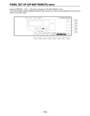 Page 130– 130–
PANEL SET UP (OP MAP REMOTE) menu
Press the ##keys to display the OP MAP REMOTE menu.
This menu is used to set and display the buttons, keys, controls, etc. which can be operated on the unit’s front
panel in the remote mode.F11F11SET UP
F13
F12
F11
F10
F9
F8 F7 F6 F5 F4 F3 F2 F1 