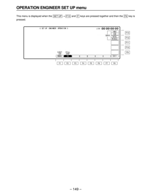 Page 149– 149 –
OPERATION ENGINEER SET UP menu
This menu is displayed when the >and  keys are pressed together and then the  key is
pressed.F9FF13SET UP
F13
F12
F11
F10
F9
F8 F7 F6 F5 F4 F3 F2 F1 