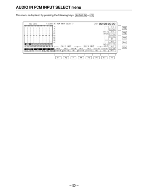 Page 50– 50–
AUDIO IN PCM INPUT SELECT menu
This menu is displayed by pressing the following keys:>F6AUDIO IN
F13
F12
F11
F10
F9
F8 F7 F6 F5 F4 F3 F2 F1 