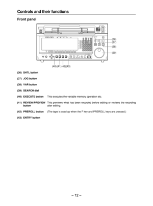 Page 12– 12–
(36) SHTL button
(37) JOG button
(38) VAR button
(39) SEARCH dial
(40) EXECUTE buttonThis executes the variable memory operation etc.
(41) REVIEW/PREVIEWThis previews what has been recorded before editing or reviews the recording
buttonafter editing.
(42) PREROLL button(The tape is cued up when the F key and PREROLL keys are pressed.)
(43) ENTRY button
EJECT
SDHDCHANNEL CONDITIONVIDEOAUDIOSERVO
HOMEASSEM INSERTMULTICUEVIDEOINF13
789
456
123
0CTF
F12
F11
F10
F9
F8 F7 F6 F5 F4 F3 F2 F1 L AUDIO...