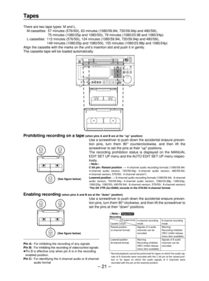 Page 21– 21–
Tapes
There are two tape types: M and L.
M-cassettes: 57 minutes (576/50i), 63 minutes (1080/59.94i, 720/59.94p and 480/59i), 
75 minutes (1080/25p and 1080/50i), 79 minutes (1080/23.98 and 1080/24p)
L-cassettes: 112 minutes (576/50i), 124 minutes (1080/59.94i, 720/59.94p and 480/59i), 
149 minutes (1080/25p and 1080/50i), 155 minutes (1080/23.98p and 1080/24p)
Align the cassette with the marks on the unit’s insertion slot and push it in gently.
The cassette tape will be loaded automatically....