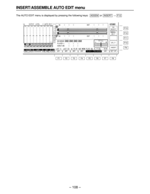 Page 108– 108–
INSERT/ASSEMBLE AUTO EDIT menu
The AUTO EDIT menu is displayed by pressing the following keys: or#
F12INSERTASSEM
F13
F12
F11
F10
F9
F8 F7 F6 F5 F4 F3 F2 F1 