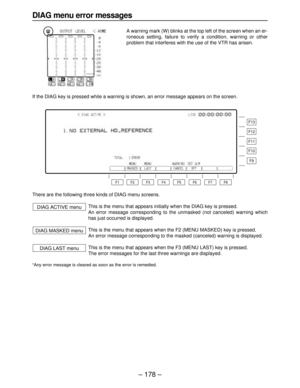 Page 178DIAG menu error messages
A warning mark (W) blinks at the top left of the screen when an er-
roneous setting, failure to verify a condition, warning or other
problem that interferes with the use of the VTR has arisen.
If the DIAG key is pressed while a warning is shown, an error message appears on the screen.
There are the following three kinds of DIAG menu screens.
This is the menu that appears initially when the DIAG key is pressed.
An error message corresponding to the unmasked (not canceled) warning...