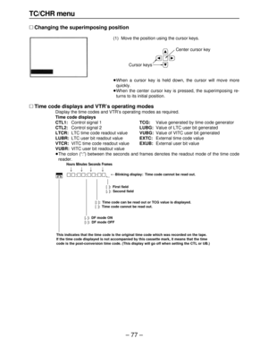 Page 77– 77–
TC/CHR menu
∑Changing the superimposing position
(1) Move the position using the cursor keys.
≥When a cursor key is held down, the cursor will move more
quickly.
≥When the center cursor key is pressed, the superimposing re-
turns to its initial position.
Center cursor key
Cursor keys
∑Time code displays and VTR’s operating modes
Display the time codes and VTR’s operating modes as required.
Time code displays
CTL1:Control signal 1TCG:Value generated by time code generator
CTL2:Control signal...