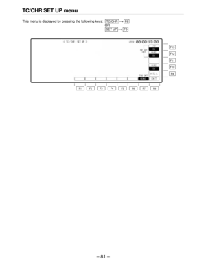 Page 81– 81–
TC/CHR SET UP menu
This menu is displayed by pressing the following keys:)
OR 
)
F5SET UP
F8TC/CHR
F13
F12
F11
F10
F9
F8 F7 F6 F5 F4 F3 F2 F1 