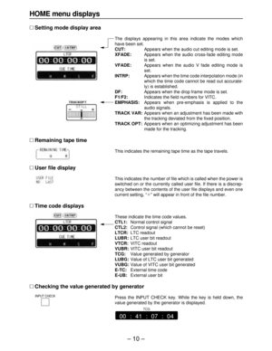 Page 10– 10–
HOME menu displays
∑Setting mode display area
The displays appearing in this area indicate the modes which
have been set.
CUT:Appears when the audio cut editing mode is set.
XFADE:Appears when the audio cross-fade editing mode
is set.
VFADE:Appears when the audio V fade editing mode is
set.
INTRP:Appears when the time code interpolation mode (in
which the time code cannot be read out accurate-
ly) is established.
DF:Appears when the drop frame mode is set.
F1/F2:Indicates the field numbers for...