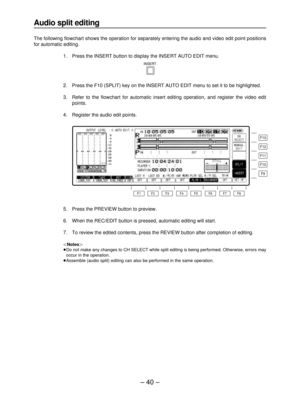 Page 40– 40–
Audio split editing
The following flowchart shows the operation for separately entering the audio and video edit point positions
for automatic editing.
1. Press the INSERT button to display the INSERT AUTO EDIT menu.
2. Press the F10 (SPLIT) key on the INSERT AUTO EDIT menu to set it to be highlighted.
3. Refer to the flowchart for automatic insert editing operation, and register the video edit
points.
4. Register the audio edit points.
5. Press the PREVIEW button to preview.
6. When the REC/EDIT...