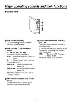 Page 7
- 7 -

Major operating controls and their functions
Studio card
 EVF connector [EVF]
The EVF cable 7 from the interface 
bracket is connected here.
2   EVF standby / VIDEO ON/OFF 
switch 
[ST.BY / VIDEO ON/OFF]

ST.BY :   Places the viewfinder in standby 
mode.
ON :   Outputs images to the viewfinder.

VIDEO ON :  
Outputs images to the 
viewfinder.
VIDEO OFF :   No images appear on the 
viewfinder.
 
The AW-VF64 does not come with a 
standby function.
3  Inter-communications level control 
[LEVEL]...