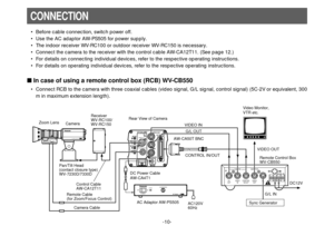 Page 10-10-
CONNECTION
• Before cable connection, switch power off.
• Use the AC adaptor AW-PS505 for power supply.
• The indoor receiver WV-RC100 or outdoor receiver WV-RC150 is necessary.
• Connect the camera to the receiver with the control cable AW-CA12T11. (See page 12.)
• For details on connecting individual devices, refer to the respective operating instructions.
• For details on operating individual devices, refer to the respective operating instructions.
In case of using a remote control box (RCB)...