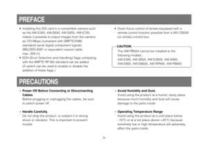 Page 5-5-
• Installing this SDI card in a convertible camera suchas the AW-E350, AW-E650, AW-E655, AW-E750
makes it possible to output images from the camera
as 270 Mbps (compliant with SMPTE259M
standard) serial digital component signals. 
(BELDEN 8281 or equivalent coaxial cable; 
max. 200 m)
• EDH (Error Detection and Handling) flags complying with the SMPTE RP165 standard can be added. 
(A switch can be used to enable or disable the
addition of these flags.)• Zoom focus control of lenses equipped with...