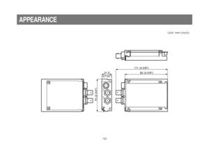 Page 10-10-
APPEARANCE
Unit: mm (inch)
92 (3-5/8)
111 (4-3/8)
21.5
(27/32)
70 (2-3/4)
SDI
OUT
1
ZOOM/FOCUS
SDI
OUT
2 