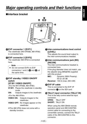 Page 7
- 6 (E) -
ENGLISH

Major operating controls and their functions
Interface bracket
 EVF connector 1 [EVF1]
The viewfinder (WV-VF65B, AW-VF80) 
is connected here.
5  EVF connector 2 [EVF2]
The viewfinder AW-VF64 is connected 
here.
Note
    Do not connect EVFs to EVF 
connectors 1 and  (
 and 5) at 
the same time.
6   EVF standby / VIDEO ON/OFF 
switch 
[ST.BY / VIDEO ON/OFF]

ST.BY:   Places the viewfinder in standby 
mode.
ON:   Outputs images to the viewfinder.

VIDEO ON:    Outputs images to...