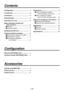 Page 4
-  (E) -

Contents
Configuration  ........................................ 3
Accessories   .......................................... 3
Introduction   ........................................... 4
Characteristics   ...................................... 4
Precautions for use   .............................. 4
Major operating controls and  
their functions   ................................. 5
 SDI card   ........................................... 5
 Interface bracket...