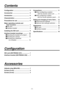 Page 5
- 5 -

Contents
Configuration  ........................................ 5
Accessories   .......................................... 5
Introduction   ........................................... 6
Characteristics   ...................................... 6
Precautions for use   .............................. 6
Major operating controls and  
their functions   ................................. 7
 SDI card   ........................................... 7
 Interface bracket   .............................. 8...