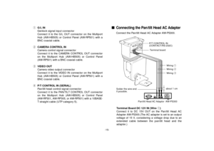 Page 17-15-
n
Connecting the Pan/tilt Head AC AdapterConnect the Pan/tilt Head AC Adapter AW-PS300.
AC IN
  OPTIONSW
CONTROL OUT  OPTIONSW
CONTROL IN  LAMP
CONTROLDC 15V
   OUTOP C          S
+        –LAMP AC OUT(                 )
MIN  250W
MAX 500W
[Í¼c
¨© ·
P/T CONTROL IN
(CONTACT/RS-232C)
Wiring q
Wiring w
Wiring e
about 1 cm
Pan/tilt Head AC Adaptor  AW-PS300Terminal board
qG/L IN
Genlock signal input connector
Connect it to the G/L OUT connector on the Multiport
Hub (AW-HB505) or Control Panel (AW-RP501)...