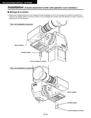 Page 124Tête panoramique intérieure  AW-PH400
15 (F)
Installation(Il faudra absolument confier cette opération à son revendeur.)
$Montage de la caméra
1Sélectionner l’emplacement des vis de montage de la tige de guidage et des vis de montage de la caméra en fonction de la
caméra et de l’objectif utilisés, et monter la caméra. Lors du montage de la caméra, faire très attention à ce que la caméra ne
tombe pas et ne se dévisse pas.
Pour une installation autonome
Pour une installation au plafond
Tige de guidage
Tige...