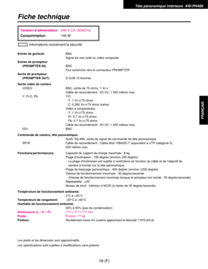 Page 127Tête panoramique intérieure  AW-PH400
18 (F)
FRANÇAIS
Fiche technique
Entrée de genlock:BNC
Signal de noir codé ou vidéo composite
Entrée de prompteur
(PROMPTER IN):BNC
Flux acheminé vers le connecteur PROMPTER
Sortie de prompteur
(PROMPTER OUT):D-SUB 15 broches
Sortie vidéo de caméra
VIDEO: BNC, sortie de 75 ohms, 1 Vc-c
Câble de raccordement : 5C-2V, 1 000 mètres max.
Y, Pr/C, Pb: Y/C
Y: 1 Vc-c/75 ohms
C: 0,285 Vc-c/75 ohms (salve)
Vidéo à composantes:
Y: 1 Vc-c/75 ohms
Pr: 0,7 Vc-c/75 ohms
Pb: 0,7...