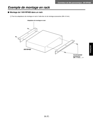 Page 139Contrôleur de tête panoramique  AW-RP400
30 (F)
FRANÇAIS
Exemple de montage en rack
$Montage de l’AW-RP400 dans un rack
AW-RP400
1Fixer les adaptateurs de montage en rack à l’aide des vis de montage accessoires (M4!8 mm).
Adaptateur de montage en rack
Vis de montage
accessoires
(M4!8 mm) ..... 4 